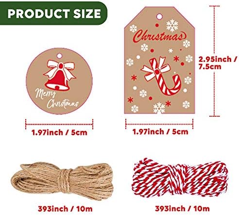 Christmas Gift Tags, 100 Pcs Brown Kraft Paper Tags Card with Cotton String and Twine String, Small Xmas Present Labels Hanging Tags with String for Christmas Gifts Wrapping DIY Craft Decoration