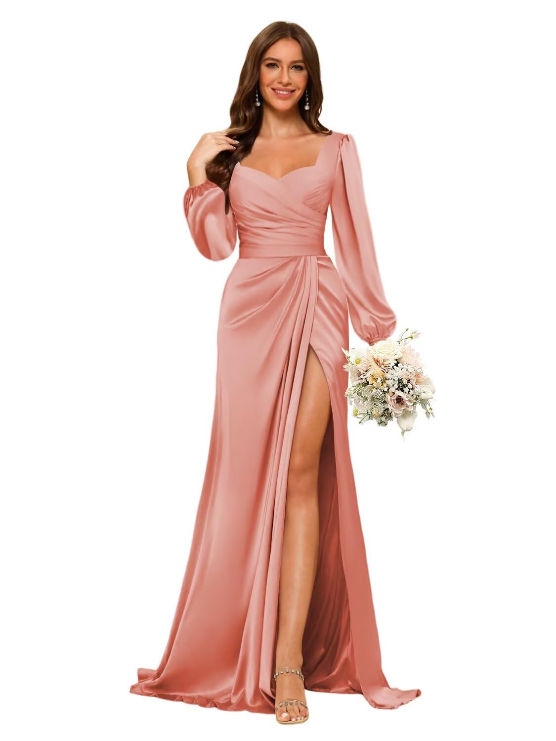 Dessiny V Neck Satin Bridesmaid Dresses for Women with Slit Lantern Sleeves Pleated Maxi Formal Evening Dress DEN007