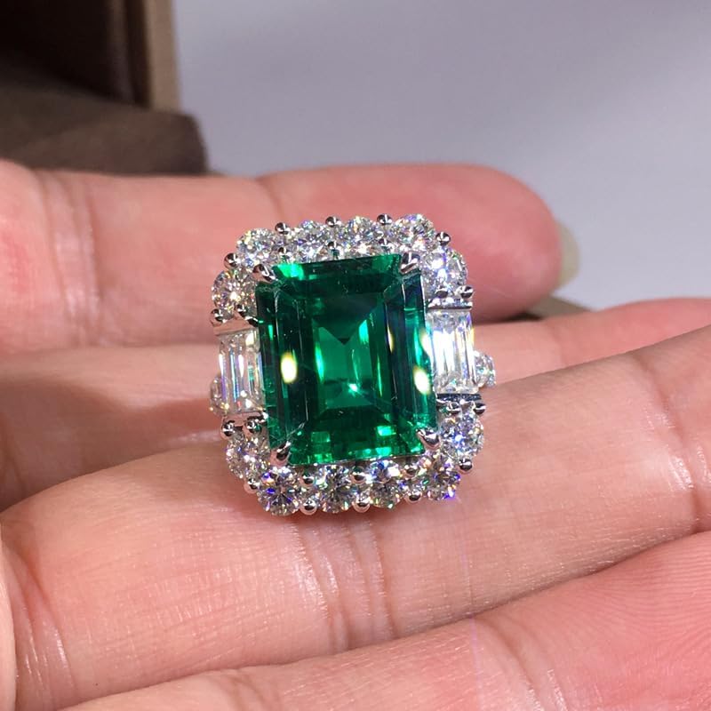 5ct Emerald Square Ring for Women 925 Sterling Silver Green Ring for Women Promise Ring for Her Cubic Zirconia Cocktail Rings CZ Diamond Engagement Ring Anniversary Valentine's Day Size 6-10（7）