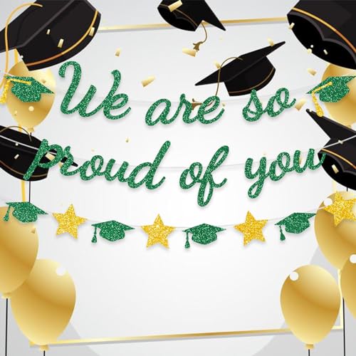 Image of We Are So Proud Of You Banner Graduation Party Decorations Glitter Congratulations Class Grad Ideas Green Gold