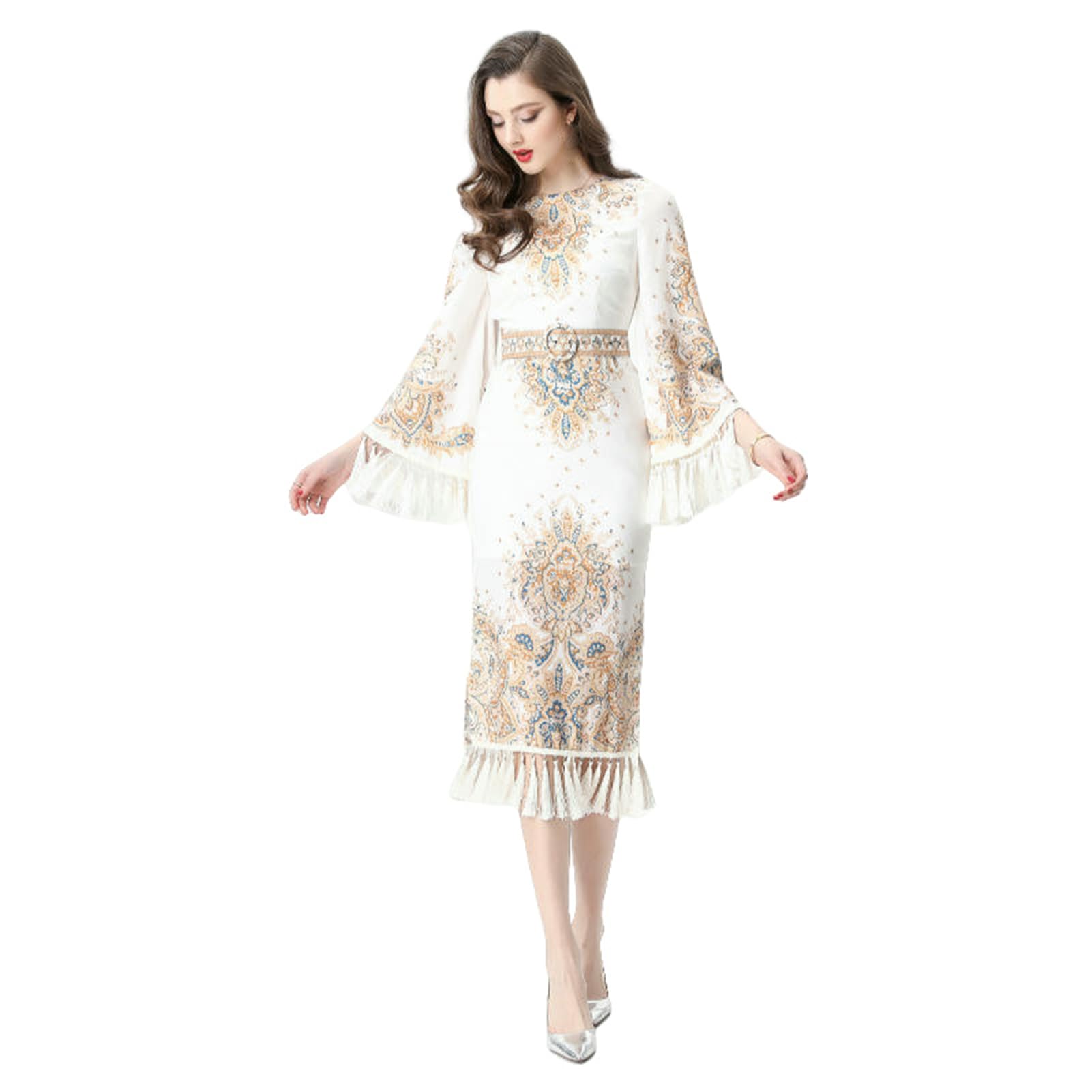 Robe de printemps élégante en maille fine à manches cloches et franges chic