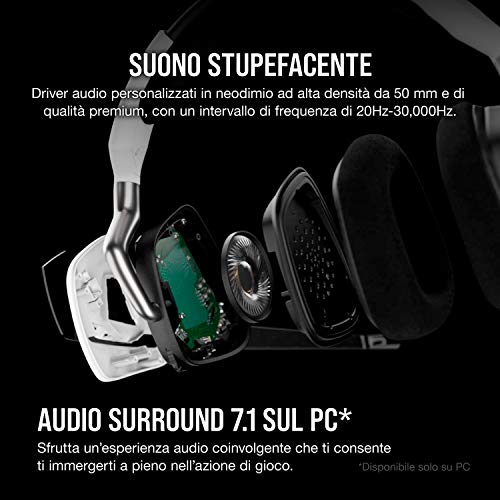 Corsair VOID ELITE Wireless Cuffie Gaming con Microfono, Audio 7.1 , Wireless 2.4 GHz a Bassa Latenza, 12 metri di portata, Personalizzabili Illuminazione con PC, PS4 Compatibilità, Bianco