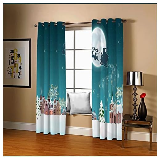 Amdxd Mörkläggningsgardiner för vardagsrum, blå grön jultomte med rådjur och husmåne, polyester kök mörkläggningsgardiner 250 x 250 cm