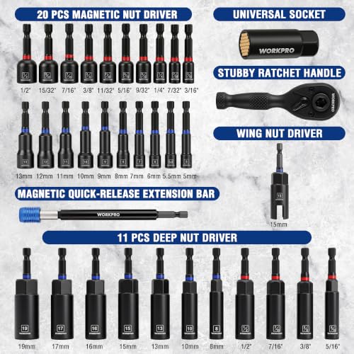 Image of WORKPRO 98-Piece Magnetic Nut Driver Set, Impact Driver Bits, Metric & SAE Cr-V Nut Drivers with Bit Holder, Universal Socket, Socket Adapter, Wing Nut Driver, Ratchet Handle, Quick-Release Extension