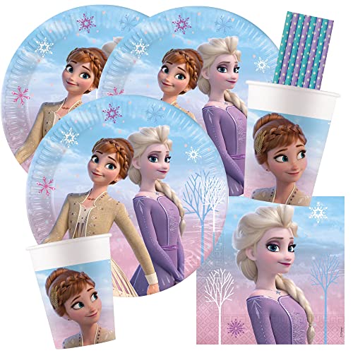 procos/spielum Set de fête 44 pièces La Reine des Neiges 2 Wind Spirit - Assiettes en carton - Serviettes et pailles pour 8 enfants
