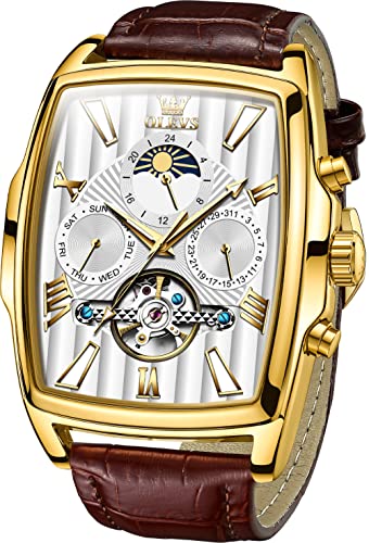 OLEVS Automatic Mechanical Watches for Men Brown Leather Strap Dress Moon Phase Tourbillion Day Date Waterproof Luminous Wrist Watch