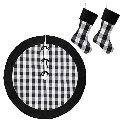 New Traditions Simplify Your Holiday Black and White Buffalo Check Plaid with Velour Cuff Christmas Decor (Stockings & Christmas Tree Skirt Bundle)