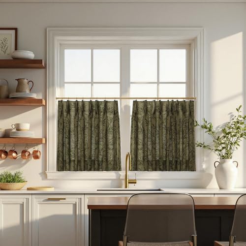 Image of TWOPAGES Pinch Pleat Leaf Print Cafe Curtains, Brown Olive, 52W x 45L