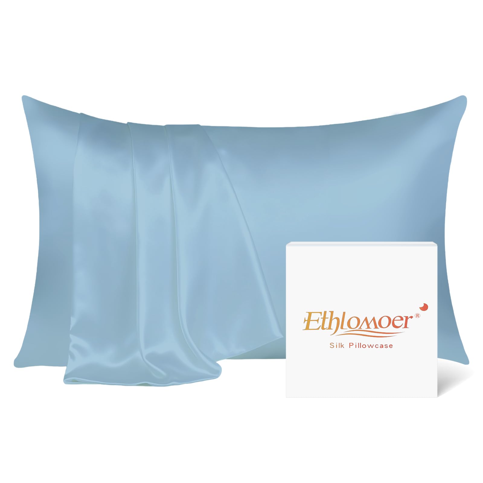 Ethlomoer 100% Natural Pure Silk Pillowcase for Hair and Skin, Both Side 19mm, Hypoallergenic, 600 Thread Count, Smooth Satin Pillowcase with Hidden Zipper, 50x75 cm (SkyBlue)