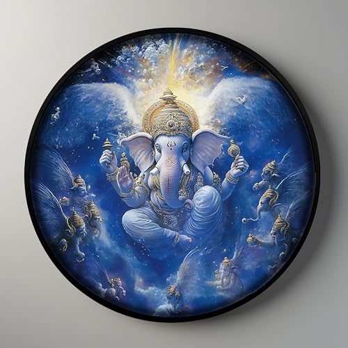 Image of PAINTINGMANTRA Shree Ganesh Ji Night Wall Lamp Painting with mobile Controllable Smart LED Light, Religious Round Wall Art Painting with RGB Night Lamp for Home & Office Wall Decor (18x18 Inches)