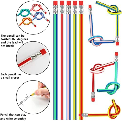 Yeelua Magic Bendy Pencils, 10 Pcs Soft Flexible Bendy Pencils and 20 Mini Cute Animal Erasers for Kids, Novelty Party Bag Filler Set, Fun pencils and Rubbers Eraser Bendy Pencils Set for Party Bags