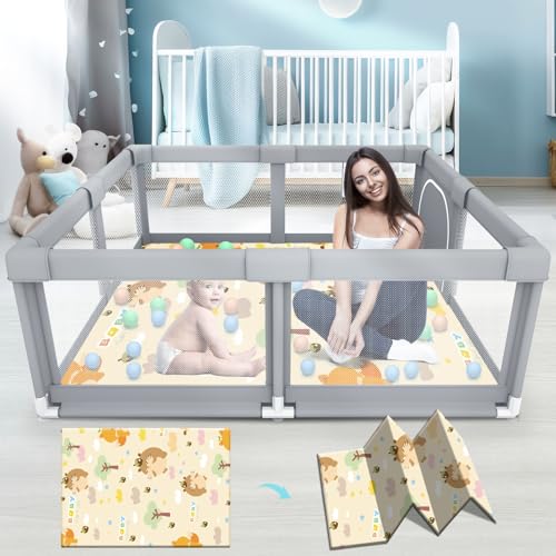 Image of Fshibila Baby Playpen with Mat, Baby Playpens for Babies and Toddlers, BabyFence Play Pen for Indoor & Outdoor, Sturdy Safety Play Yard with Soft Breathable Mesh, 50 * 50 * 27 inches Grey