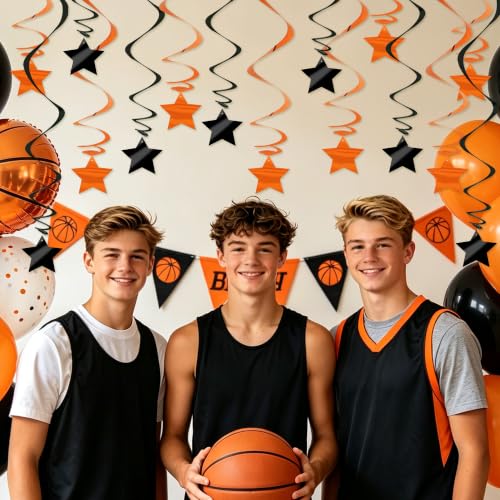 Image of BEISHID Black Orange Stars Hanging Swirls Pre-Strung Stars Hanging Decorations for Baby Shower Halloween Fall Basketball Birthday Decorations Supplies,Pack of 15