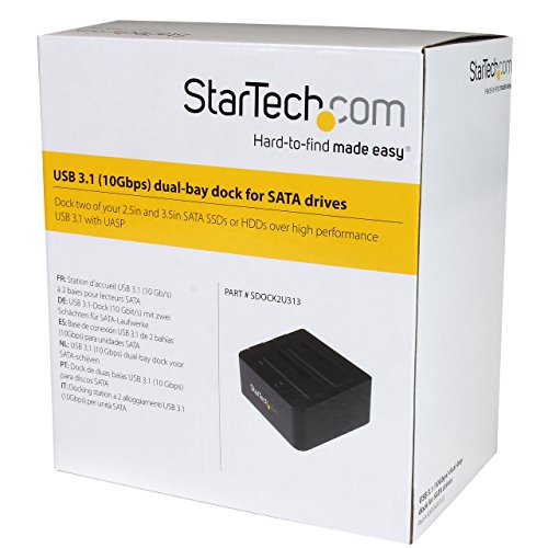 Image of StarTech.com Dual-Bay USB 3.1 to SATA Hard Drive Docking Station, USB 3.1 (10 Gbps), External 2.5 /3.5 inch SATA I /II /III, SSD /HDD Docking Station, Hot-Swap Hard Drive Bay, Top-Loading (SDOCK2U313) | SATA I /II /III (1.5 /3 /6Gbps), Top-loading toaster-style, Tool-less, Eject buttons, 5,000-cycle rated, Includes USB-A cable
