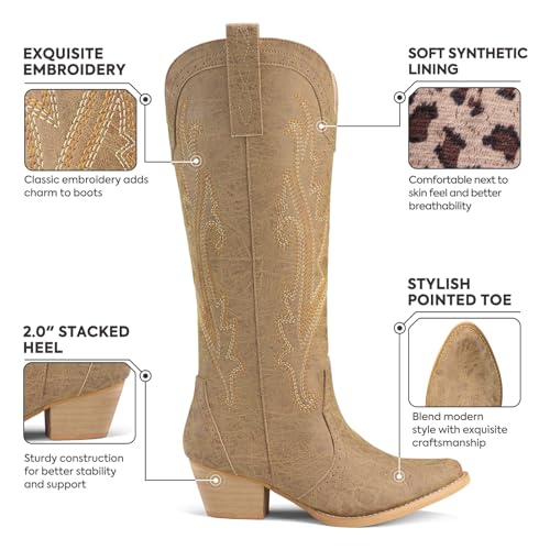 Image of Rollda Cowboy Boots for Women Cowgirl Boots Embroidered Knee-High Western Boots Pointy Toe with Chunky Heel