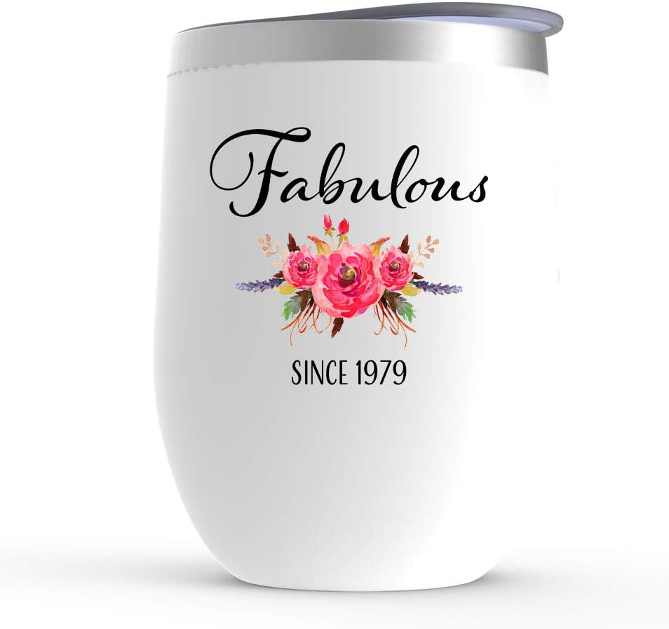 Fabulous Since 1979 Wine Tumbler - Her 41st Birthday Present - Female Friend Party Decorations Bday Decor - Women Turning 41 Year Old - Glass with Lid, Stemless, Stainless Steel - 12 oz, White
