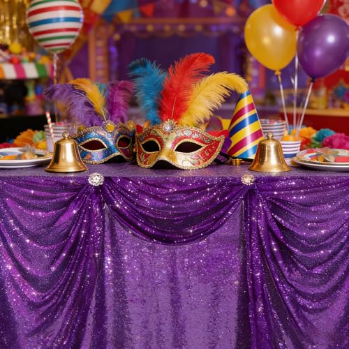 Image of B-COOL Purple Sequin Tablecloth Decorations: Sparkly Mermaid Tablecloths 50x80 Inch Halloween Glitter Table Overlay Bridal Shower Carnival Rectangular Tablecloths