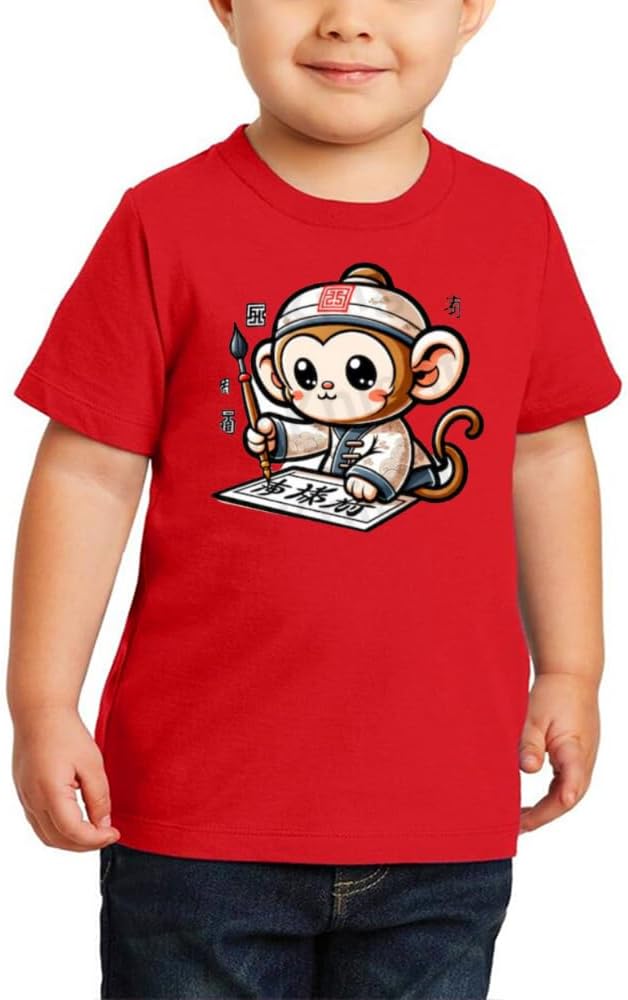 Chinese Zodiac Symbol T-Shirt for Boys-Kids Round Neck Short Sleeve Cotton Tshirt-Printed Design Tshirt for Celebrations-Perfect for Everyday Wear