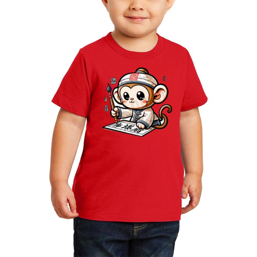 Chinese Zodiac Symbol T-Shirt for Boys-Kids Round Neck Short Sleeve Cotton Tshirt-Printed Design Tshirt for Celebrations-Perfect for Everyday Wear