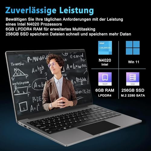 WOZIFAN Win 11 Laptop 14 Zoll Notebook 256GB SSD Unterstützung 1TB SSD Erweiterung Traditioneller 2.4G+5G WiFi Bluetooth 4.2 USB HDMI 1920x1080 FHD PC mit Drahtloser Maus-Grau – Bild 4