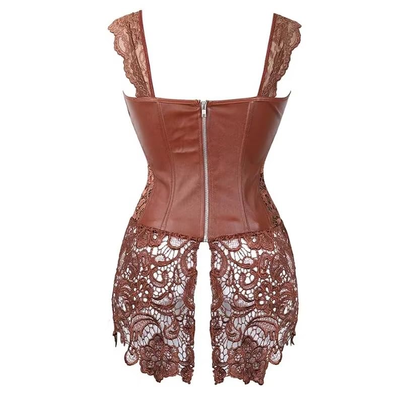 Vestido Corsé Mujer Push Up Steampunk con Tirantes Bustier de Cuero Sintético Corsé con Cordones y Cremallera Trasera Estilo Punk