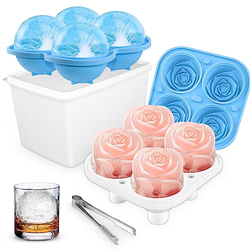 Silicone Ice Cube Mold for Freezer: Large Ice Cube Tray - Whiskey Ice Cubes Mold - Round Balls Ice Mold for Bourbon - Rose Ice Cube Trays for Cocktail - 2 Pack