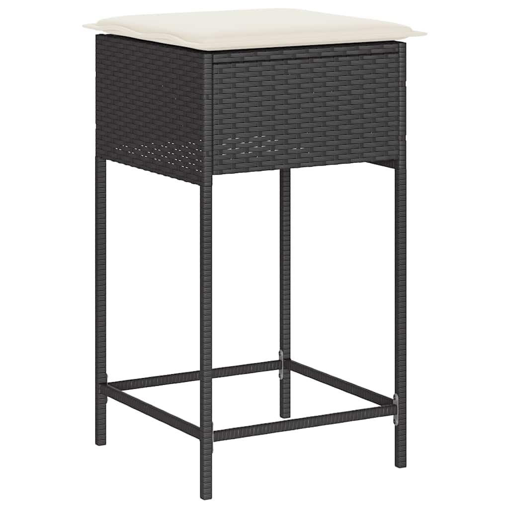 Ogrodowe stołki barowe z poduszkami 2 szt czarne polirattan zestaw hokerów ogrodowych z poli rattanu na taras balkon z wyściełanym siedziskiem 40x40x76 cm solidna stalowa rama obciążenie 110 kg