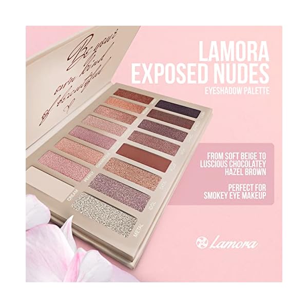 Beste Lidschatten Palette Nudetöne - Vegane Augenpalette - Eyeshadow Make Up Kosmetik - 16 Hochpigmentierte Warme Natürliche Farben in Matt + Schimmer + Glitzer - Lamora Exposed – Bild 7