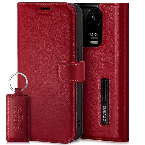 Housse cuir Xiaomi 14 5G véritable étui à rabat haut de gamme rouge