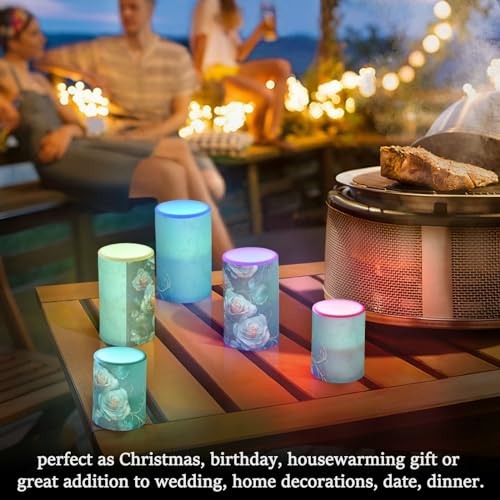 Image of Teal Lights Flameless Candles Vintage Turquoise Green Roses Pillar Candles Set of 2 Battery Operated Remote Control Warm Lights Home Decor