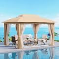 SUNSHINE VALLEY 10x13' Outdoor Patio Gazebo Wood Look, Canopy Tent with Heavy-Duty Metal Frame, Screened Gazebo with Dual Roof & Curtains, Patio Canopy with Mosquito Netting for Backyard, Beige