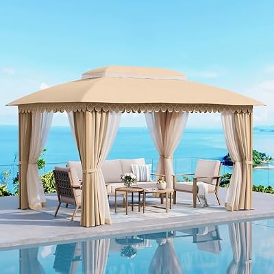 SUNSHINE VALLEY 10x13' Outdoor Patio Gazebo Wood Look, Canopy Tent with Heavy-Duty Metal Frame, Screened Gazebo with Dual Roof & Curtains, Patio Canopy with Mosquito Netting for Backyard, Beige