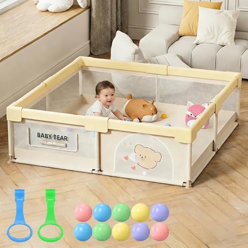 Image of Playpen for Baby up to 4 Years Playards with Pit Balls and Anti-Fall Grasp Rings, Kids Activity Center with Safety Lock & Small Storage Bag (No Mat, Non-Foldable) (150x180cm Yellow)