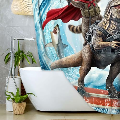 Image of Funny Raccoon Riding Dinosaur Shower Curtain, Cool Animal Surfing Ocean Wave Bathroom Decor Shower Curtain Set with Hooks, Waterproof Fabric Nautical Bath Curtain for Kids, 72X78 Inches