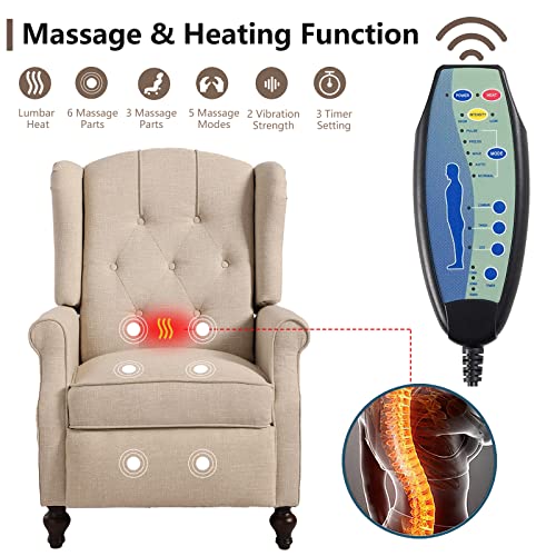 Consofa Wingback Recliner Chair With Massage And Heat Tufted Fabric Push Back Arm Chair For Living Room Vintage Recliner Chair With Remote Control, Padded Cushion, Backrest, Wooden Legs #TOP2