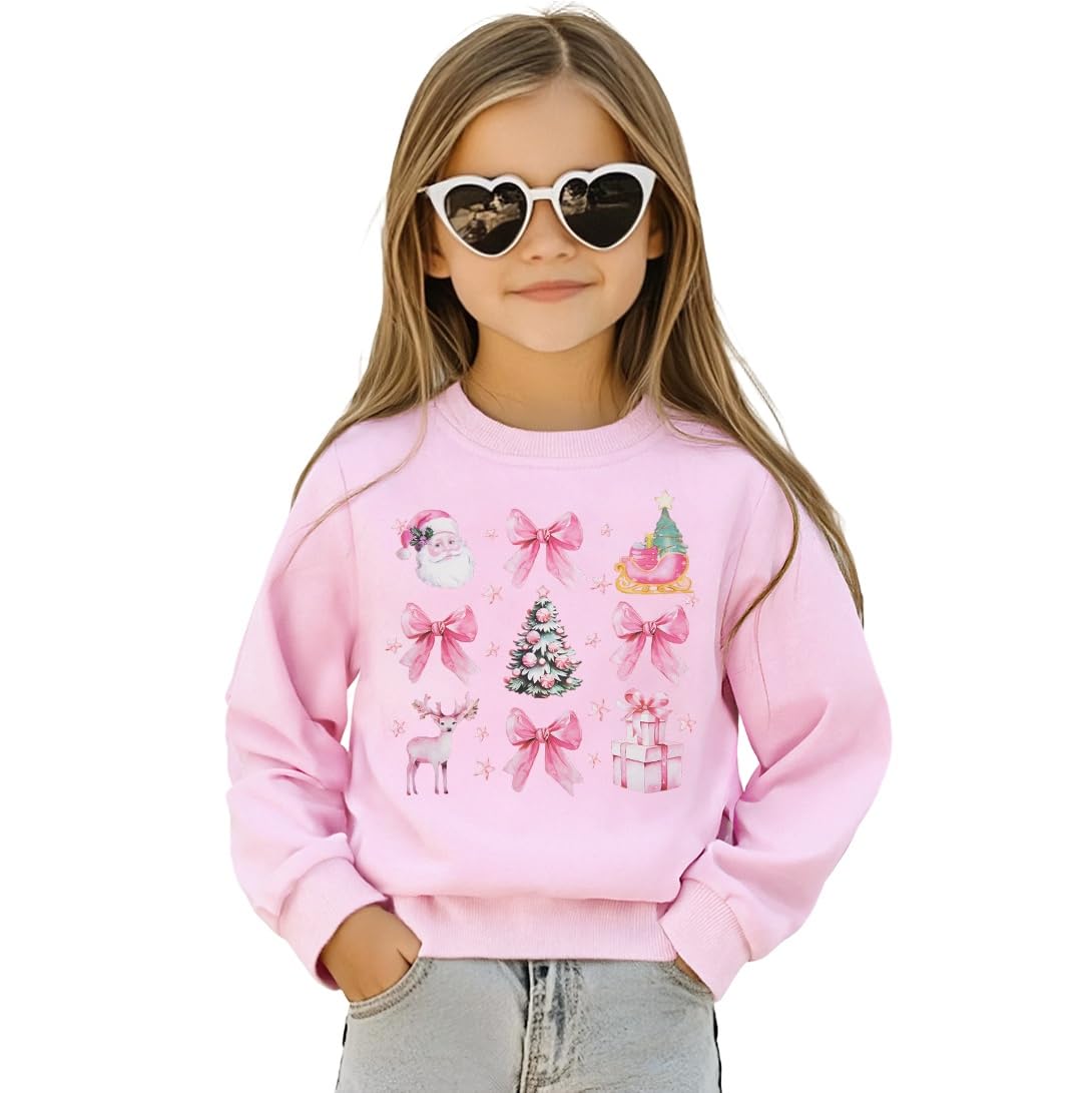 PNORATM Toddler Baby Girl Christmas Sweatshirt Santa Claus Xmas Tree Bow Shirt Crewneck Long Sleeve Outfits Elk Sweater