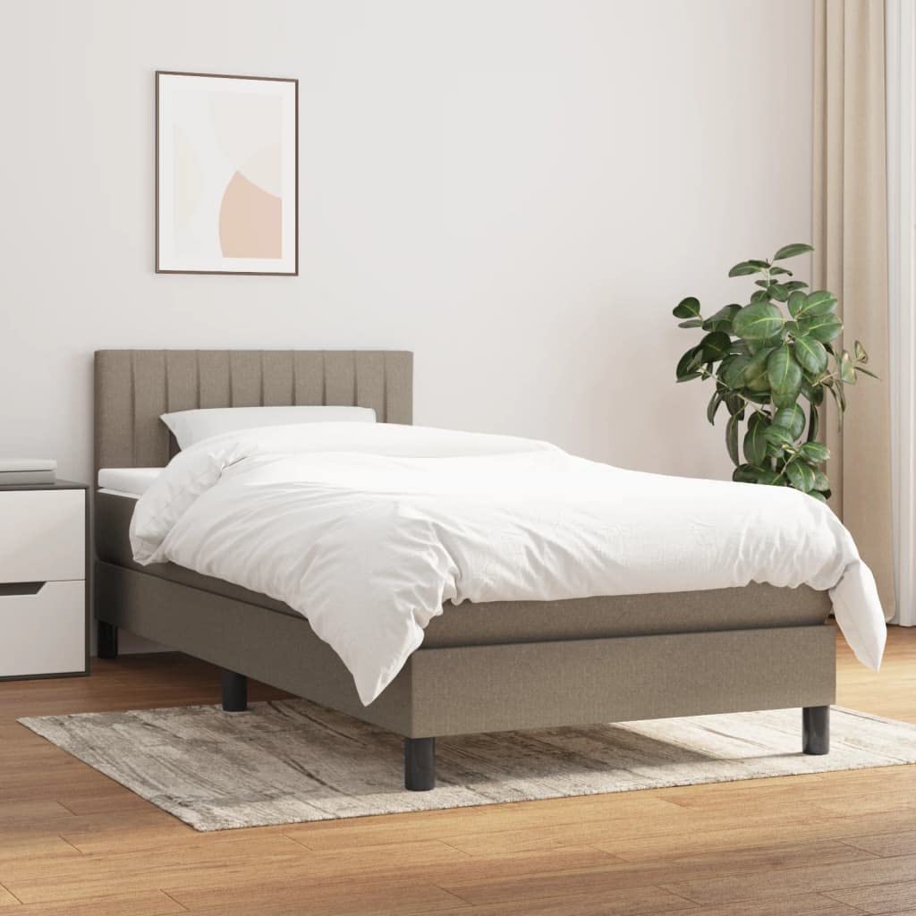 Łóżko kontynentalne z materacem, kolor taupe 90 x 200 cm, stelaż łóżka z zagłówkiem o regulowanej wysokości, rdzeń ze sprężynami kieszeniowymi, nakładka piankowa na łóżko młodzieżowe i do