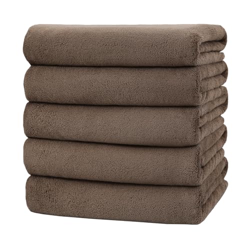 バスタオル マイクロファイバー 大判 5枚セット 60×120cm タオル ふわふわ 肌触り 瞬間吸水 速乾 通気 耐久性 抗菌 防臭 人気 家庭用 業務用 (ブラウン)