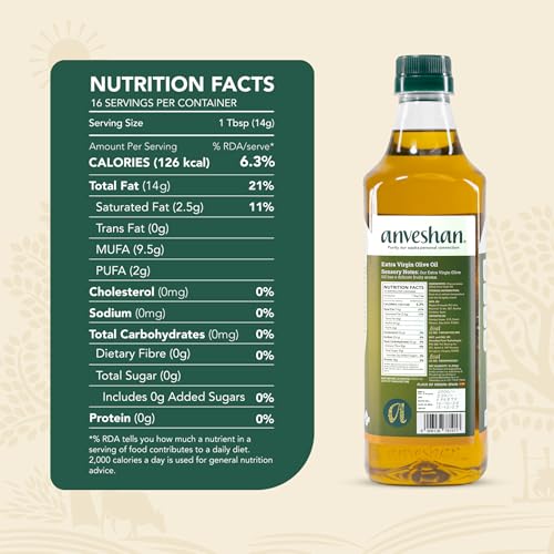 Image of Anveshan Extra Virgin Olive Oil - 1L PET Bottle | Cold Press Extraction | Rich in Vitamin E & K | Perfect for Salad Dressings, Sauteing, Marinades - Imported from Spain