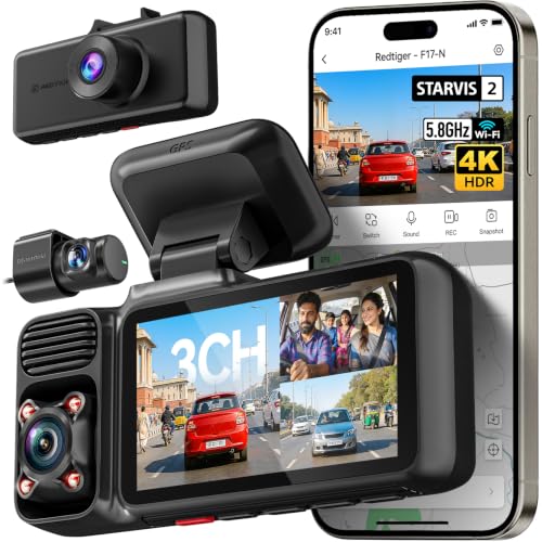 REDTIGER F17 2026 Edition 4K 3 Channel Dash Cam, Upgraded STARVIS 2 IMX675 Sensor, 4K Front+1080P Cabin+1080P Rear, 5.8G WiFi GPS, IR Night View, WDR,