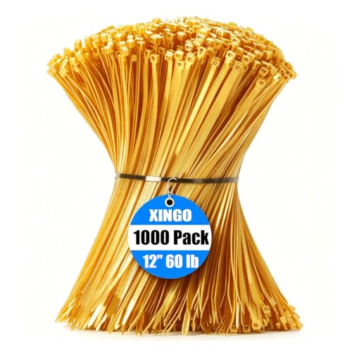 Image of XINGO 1000 PCS Gold Zip Ties 12 Inch, 60 LBS Tensile Strength, Self-Locking Nylon Plastic Nylon PA66 Wire Ties for Indoor and Outdoor Use