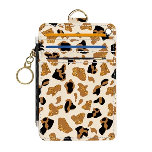 Slim Wallet Credit Card Holder, Brown Leopard Print, RFID Wallet Women Cute Small Front Pocket Wallet With Zipper, PU Leather Thin travel RFID Blocking Card Case ID Window,Ladies Gifts