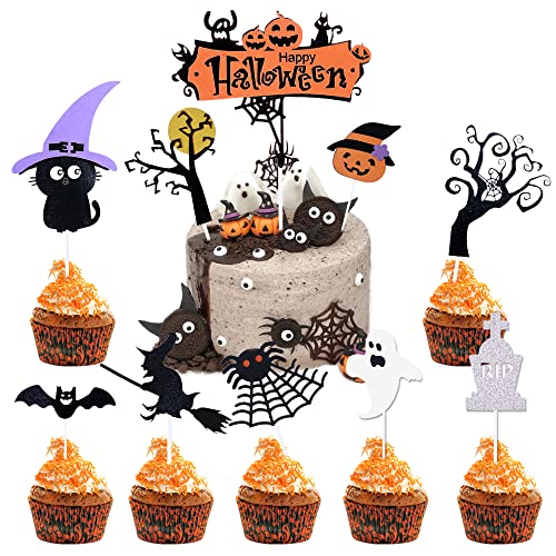 24Pcs Halloween Midsummer Festival Theme Party Happy Halloween Cake Topper Cupcake Decoration Set, Plug-In Bat, Pumpkin Smiley, Spider, Ghost, Cat, Bat, Wit (1) #TOP5