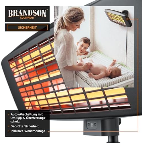 Bild 4 - Brandson - Heizstrahler mit Fernbedienung Outdoor Indoor - Elektro Infrarot Terrassenheizstrahler - 3 Leistungsstufen Heizelemente - LED Power Indikator - Wandhalterung - Balkon Garten Terrasse