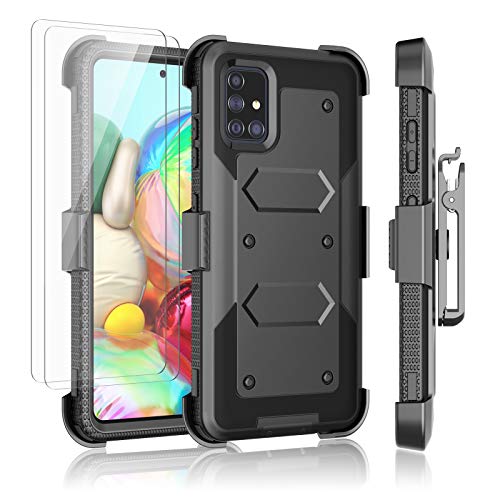 Njjex 11-023937 Rugged Case For Samsung Galaxy A71 5G, For Galaxy A71 Case + Tempered Glass Screen Protector [2 Pack], [Nbeck] Shockproof Heavy Duty Locking Swivel Holster Belt Clip Kickstand Hard Cover [Black] cover