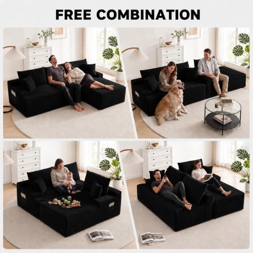 Image of 96 inch Boneless Couch, Modular L-Shaped Cloud Sectional Sofa, Black