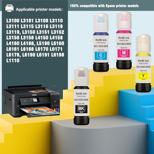Image of KOSH 003 Refill Ink Compatible for Epson L3110, L3150, L3250, L3252 L3115, L3116, L3101, L3210, L3215, L3216, L3151, L3152, L3156, L5190 Printer (4, 001 /003 /008 Ink Set)