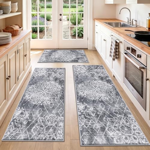 HEBE Boho Kitchen Rugs Set of 3, Non Slip Washable Kitchen Mats for Floor | Vintage Distressed Kitchen Runner Rug Set, Stain Resistant Farmhouse Floor Carpet for Entryway,Bathroom,Laundry,Da