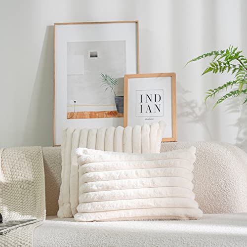 2-Pack Faux Fur Decorative Throw Pillow Covers for Couch and Bedroom, Cream White