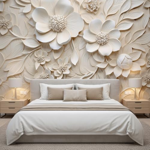 LOOWAP 3D Relief Floral Peel and Stick Mural Wallpaper Magnolia Wall Mural